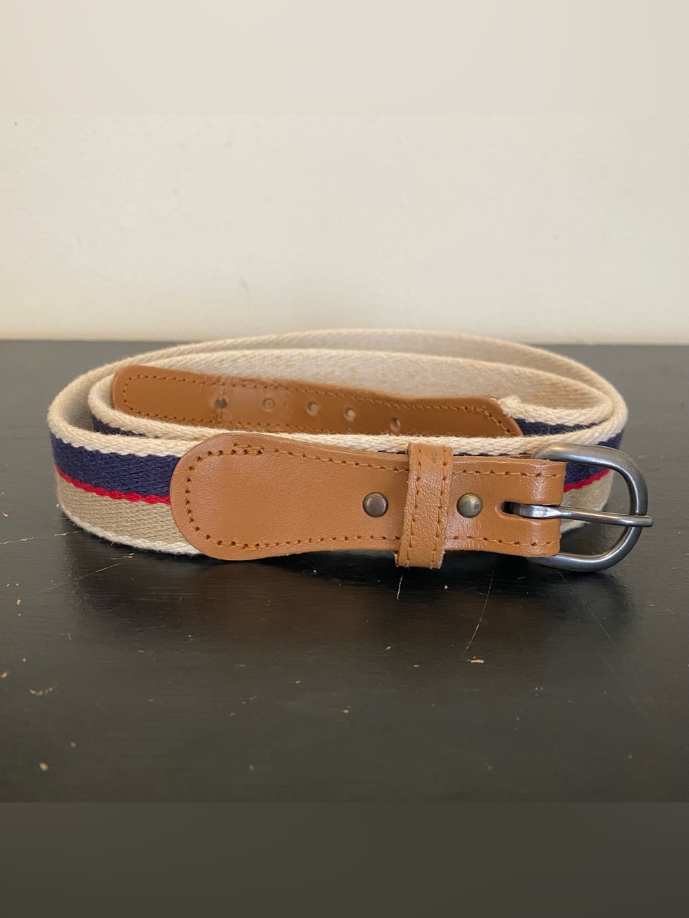 Vintage 1” Canvas Brown Leather Belt | 39” Sz Medium Large | Blue, Red, & Cream